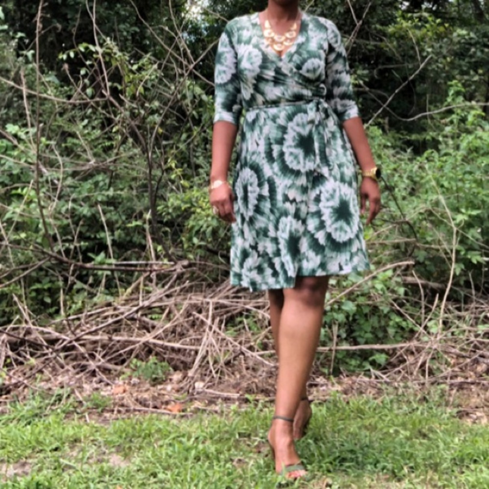 Green and beige wrap dress